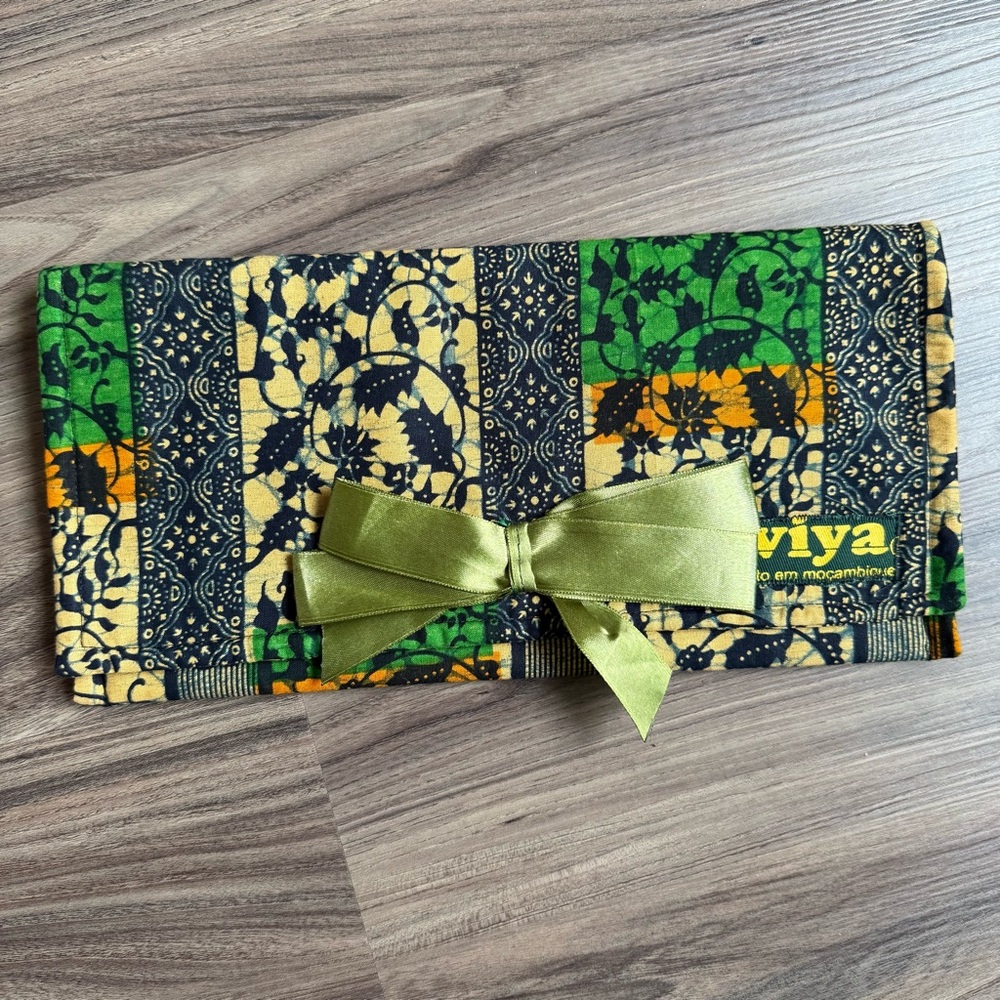 Green Patterned Cosmetic Pouch with Ribbon Tie